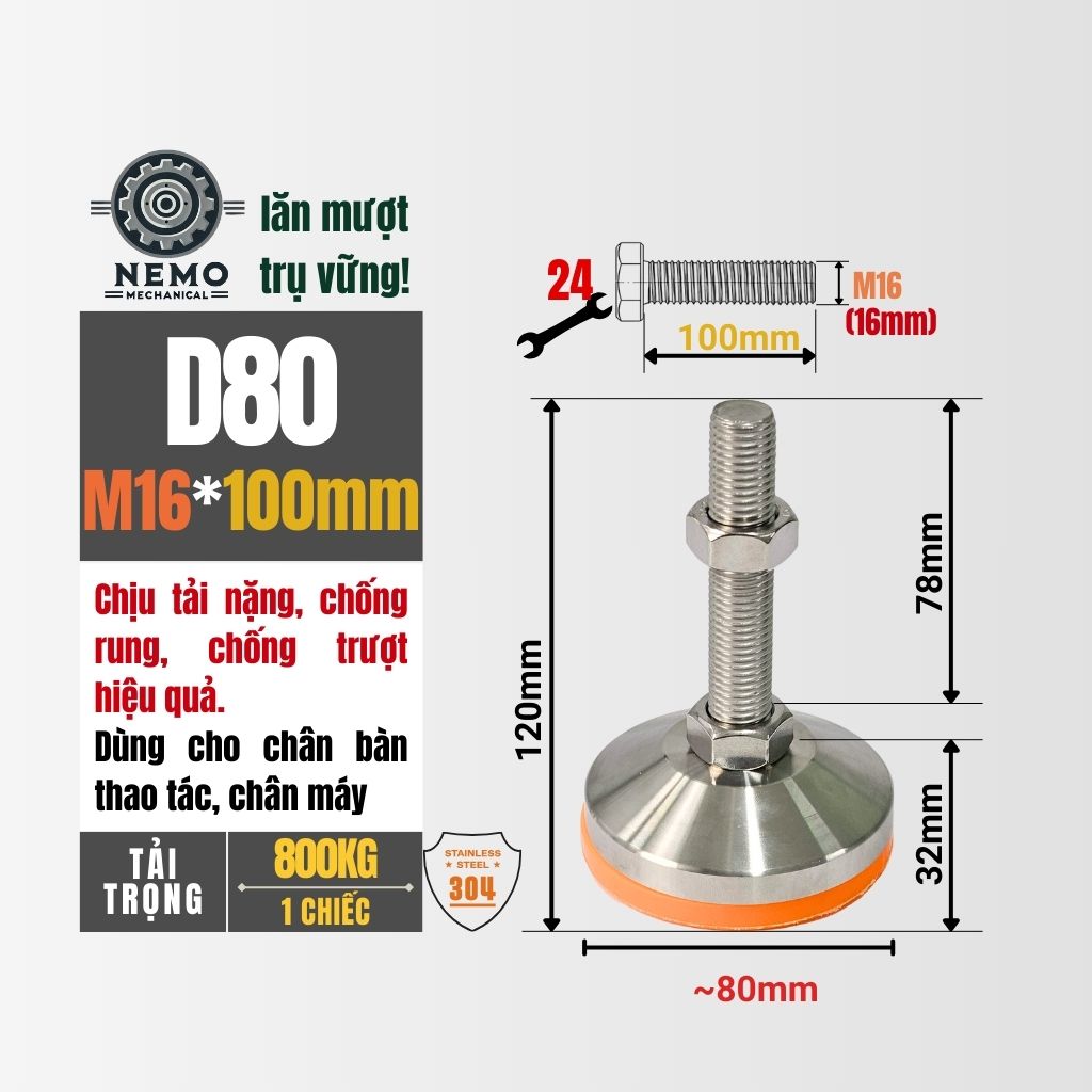 Chân Tăng Chỉnh Inox 304 Ren M16 – Đế Bát Dày Chịu Tải Siêu Nặng 800kg, Chống Ăn Mòn Tuyệt Đối